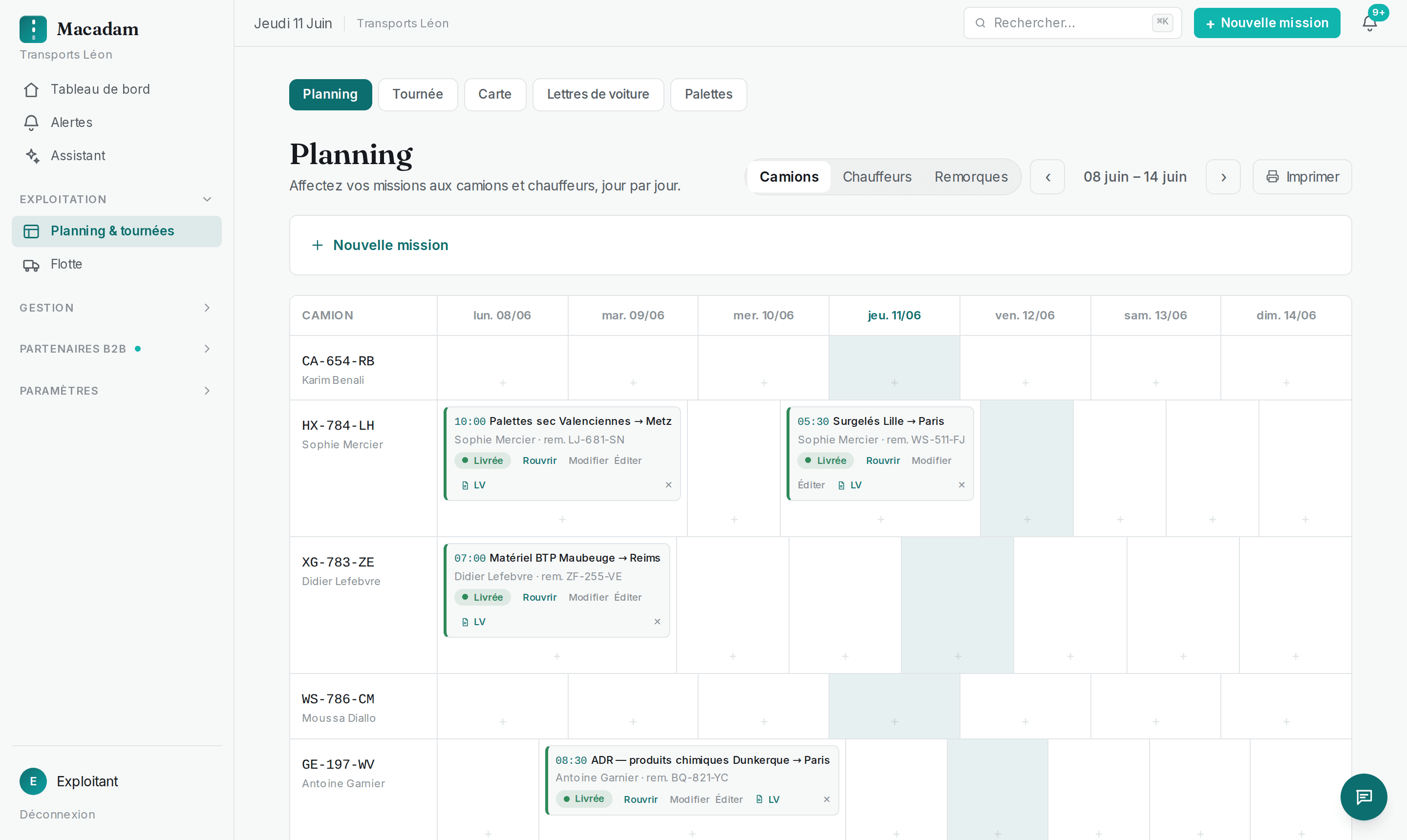 Planning Macadam : missions affectées par camion et par jour, du 8 au 14 juin