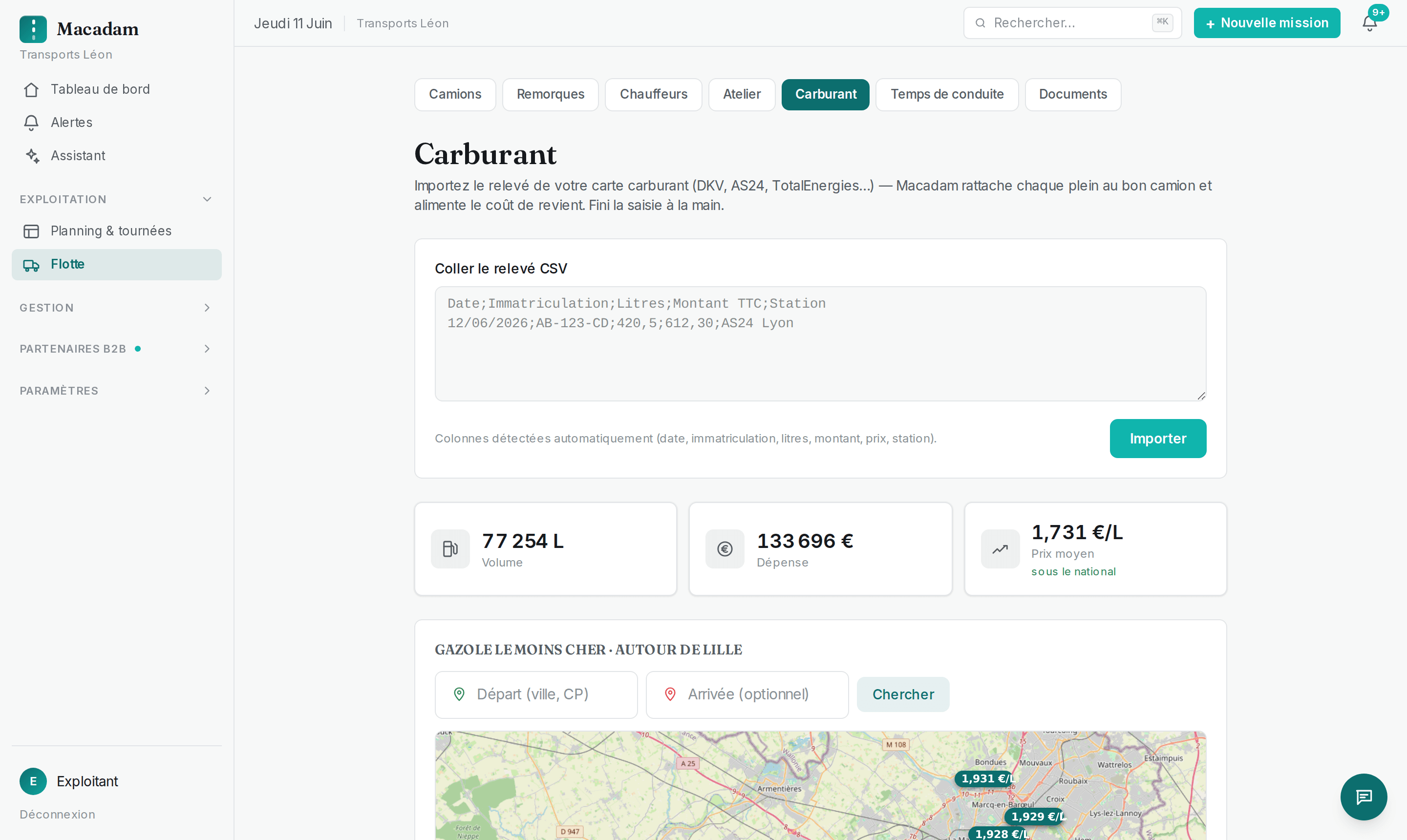 Suivi carburant Macadam : import du relevé de carte et gazole le moins cher autour de Lille
