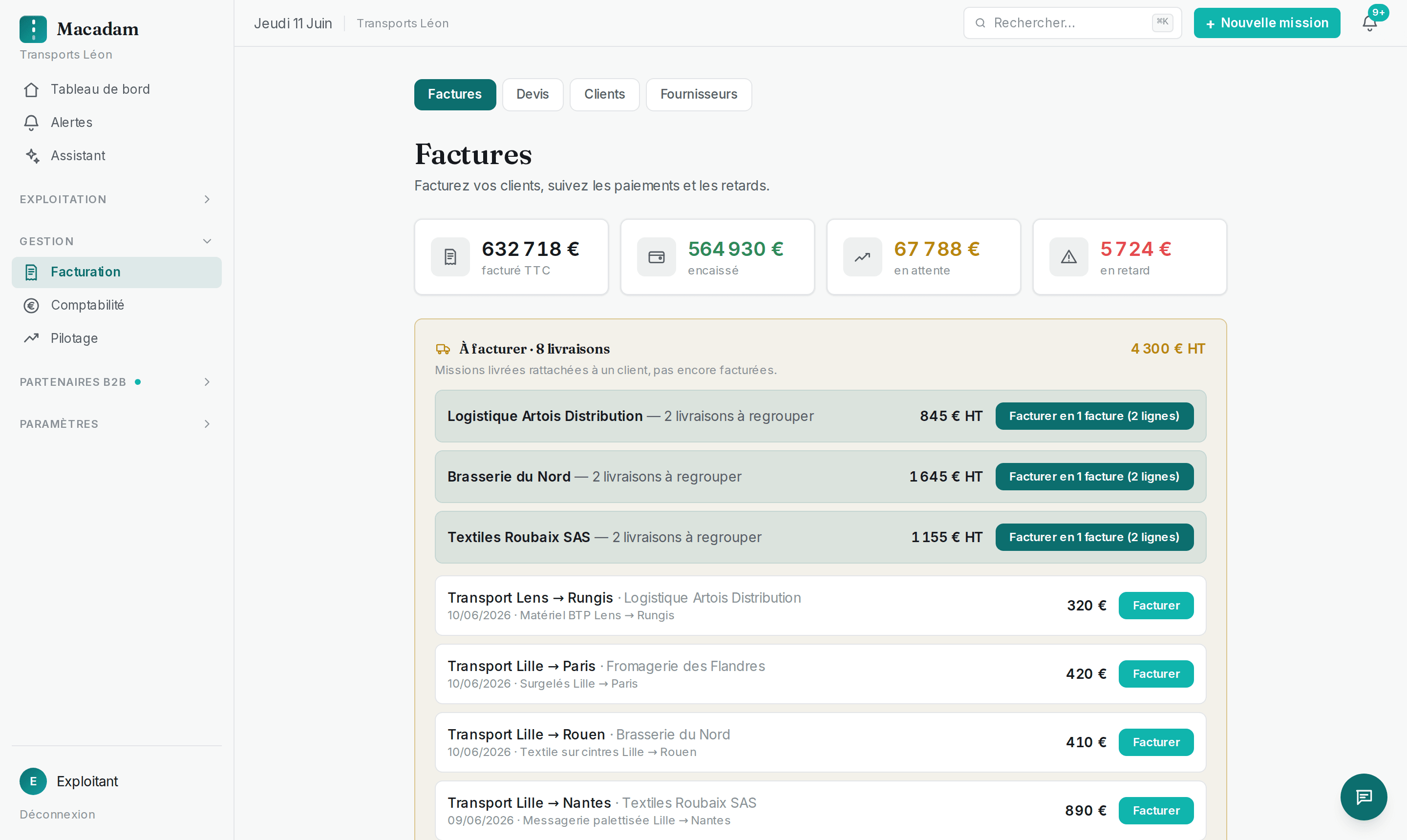 Facturation Macadam : file à facturer alimentée par les livraisons, regroupement par client, facture en 1 clic