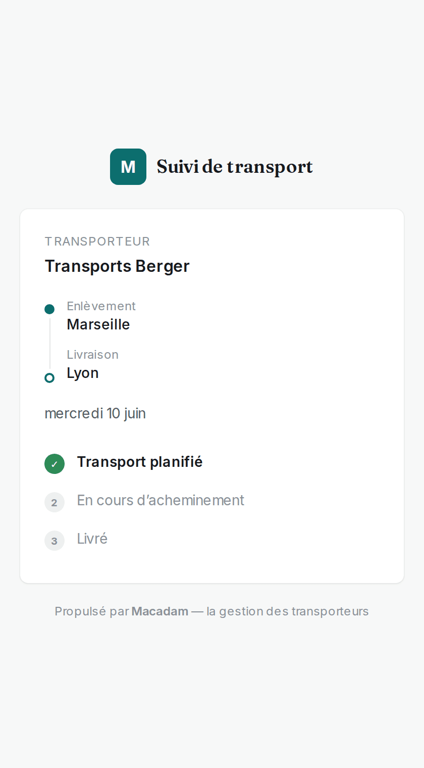 Page publique de suivi de transport : Transports Berger, Marseille vers Lyon, transport planifié
